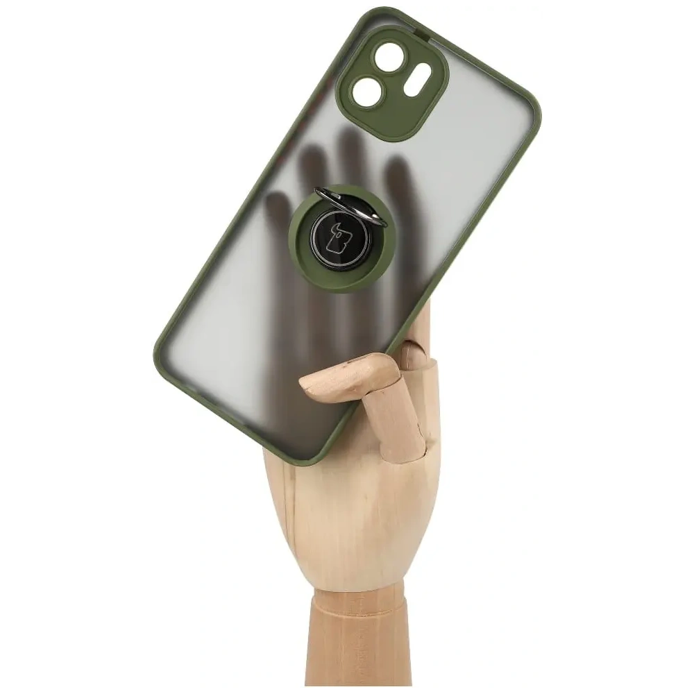 Etui z uchwytem na palec Bizon Case Hybrid Ring do Xiaomi Redmi A1 przydymione z zieloną ramką