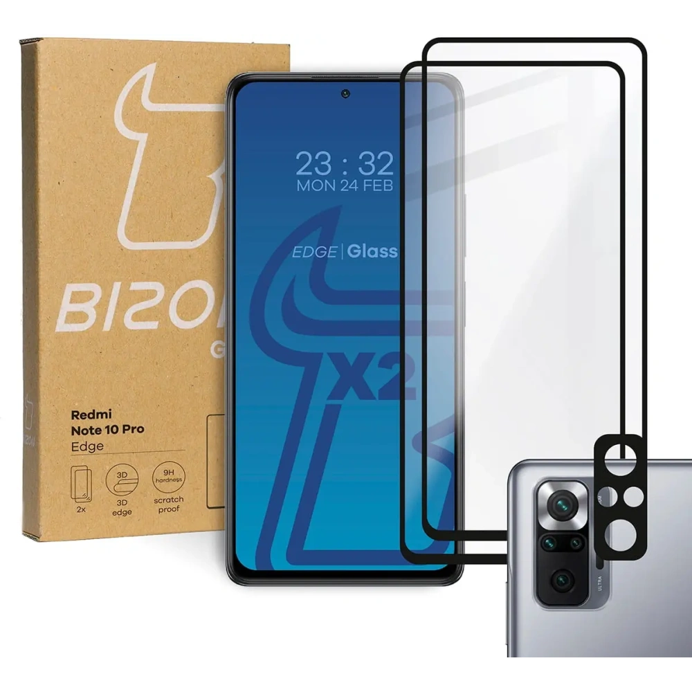 Szkło hartowane Bizon Glass Edge - [2 PACK] + ochrona na obiektyw Redmi Note 10 Pro czarne