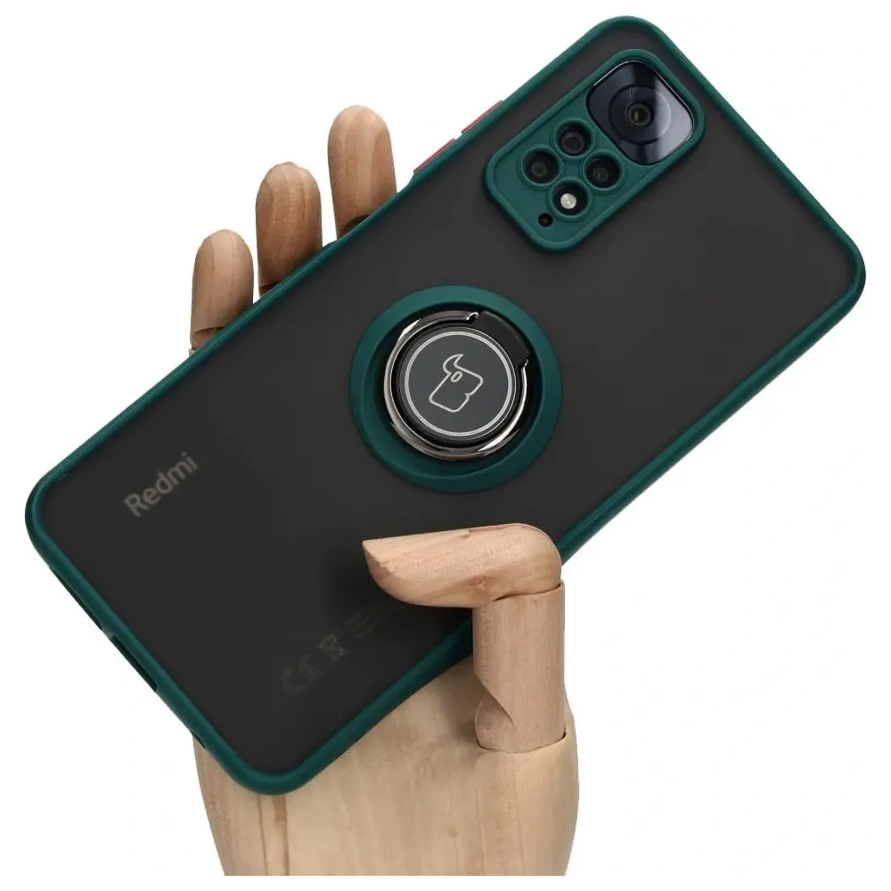 Etui z uchwytem na palec Bizon Case Hybrid Ring do Xiaomi Redmi Note 11 / 11S 4G przydymione z ciemnozieloną ramką