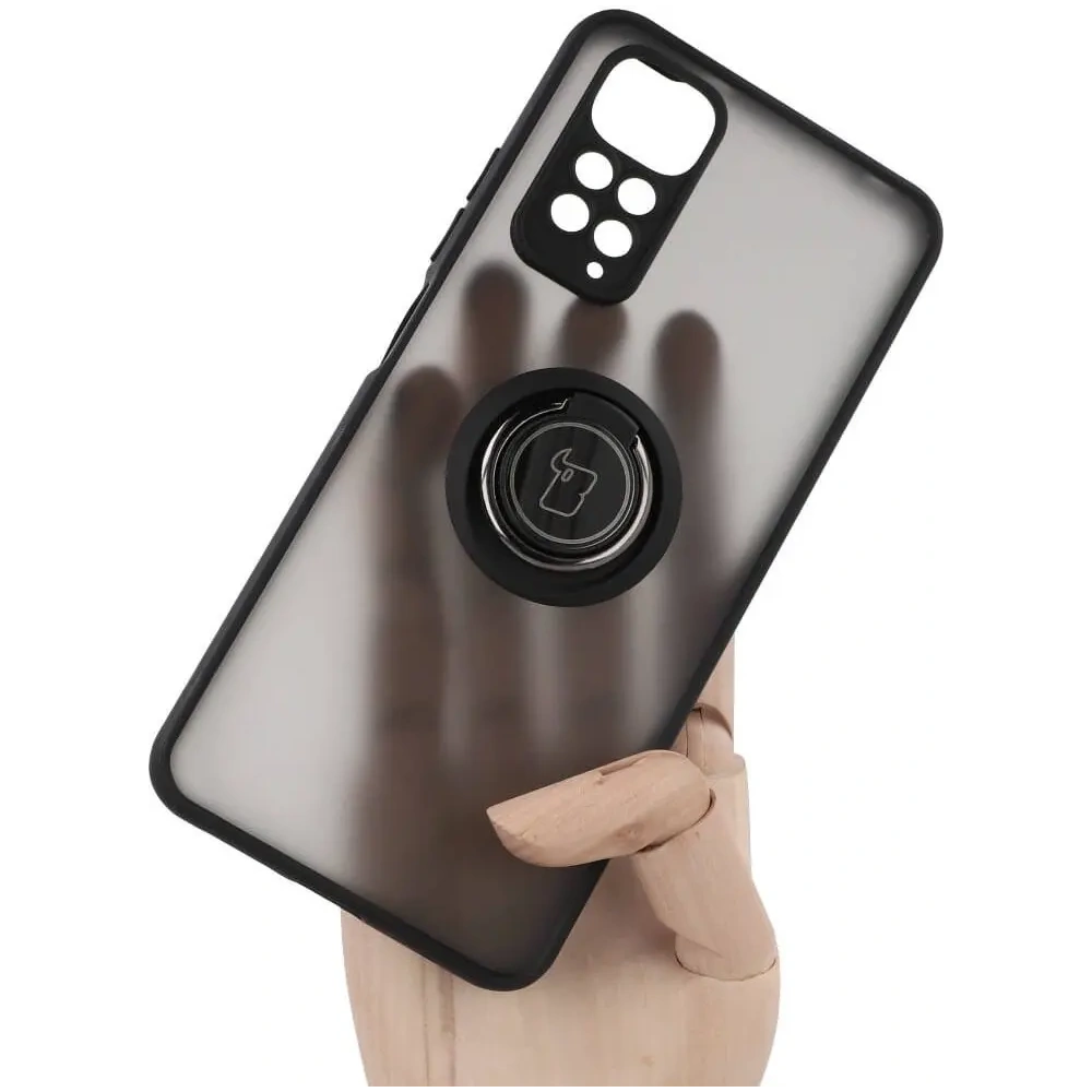 Etui z uchwytem na palec Bizon Case Hybrid Ring do Xiaomi Redmi Note 11 / 11S 4G przydymione z czarną ramką