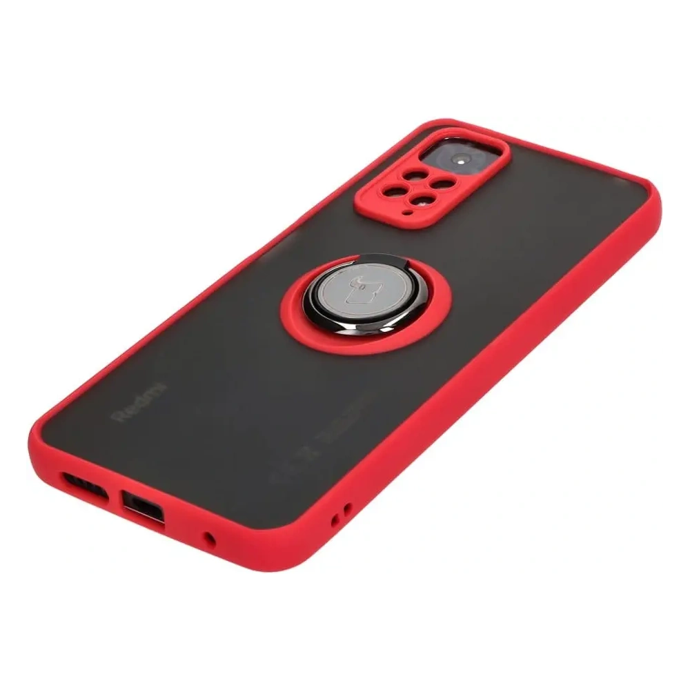 Etui z uchwytem na palec Bizon Case Hybrid Ring do Xiaomi Redmi Note 11 / 11S 4G przydymione z czerwoną ramką
