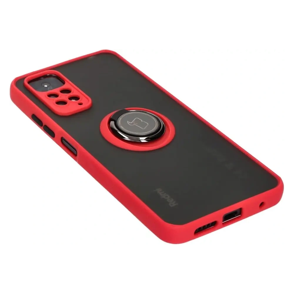 Etui z uchwytem na palec Bizon Case Hybrid Ring do Xiaomi Redmi Note 11 / 11S 4G przydymione z czerwoną ramką