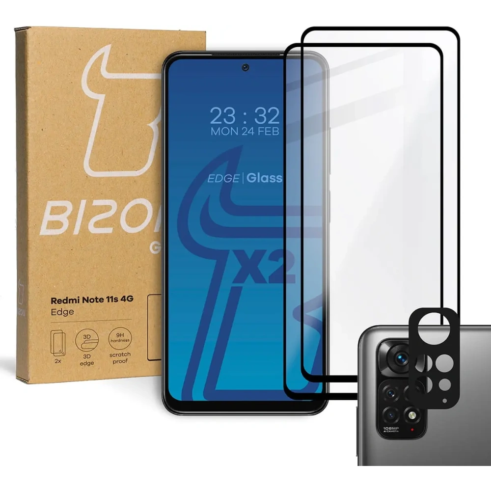 Szkło hartowane Bizon Glass Edge - [2 PACK] + ochrona na obiektyw Redmi Note 11s 4G