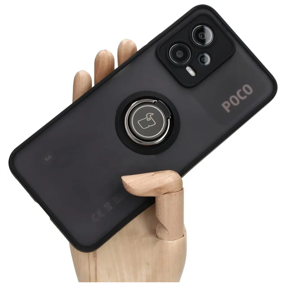 Etui z uchwytem na palec Bizon Case Hybrid Ring do Xiaomi Poco X5 / Redmi Note 12 5G przydymione z czarną ramką