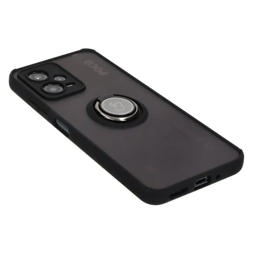 Etui z uchwytem na palec Bizon Case Hybrid Ring do Xiaomi Poco X5 / Redmi Note 12 5G przydymione z czarną ramką