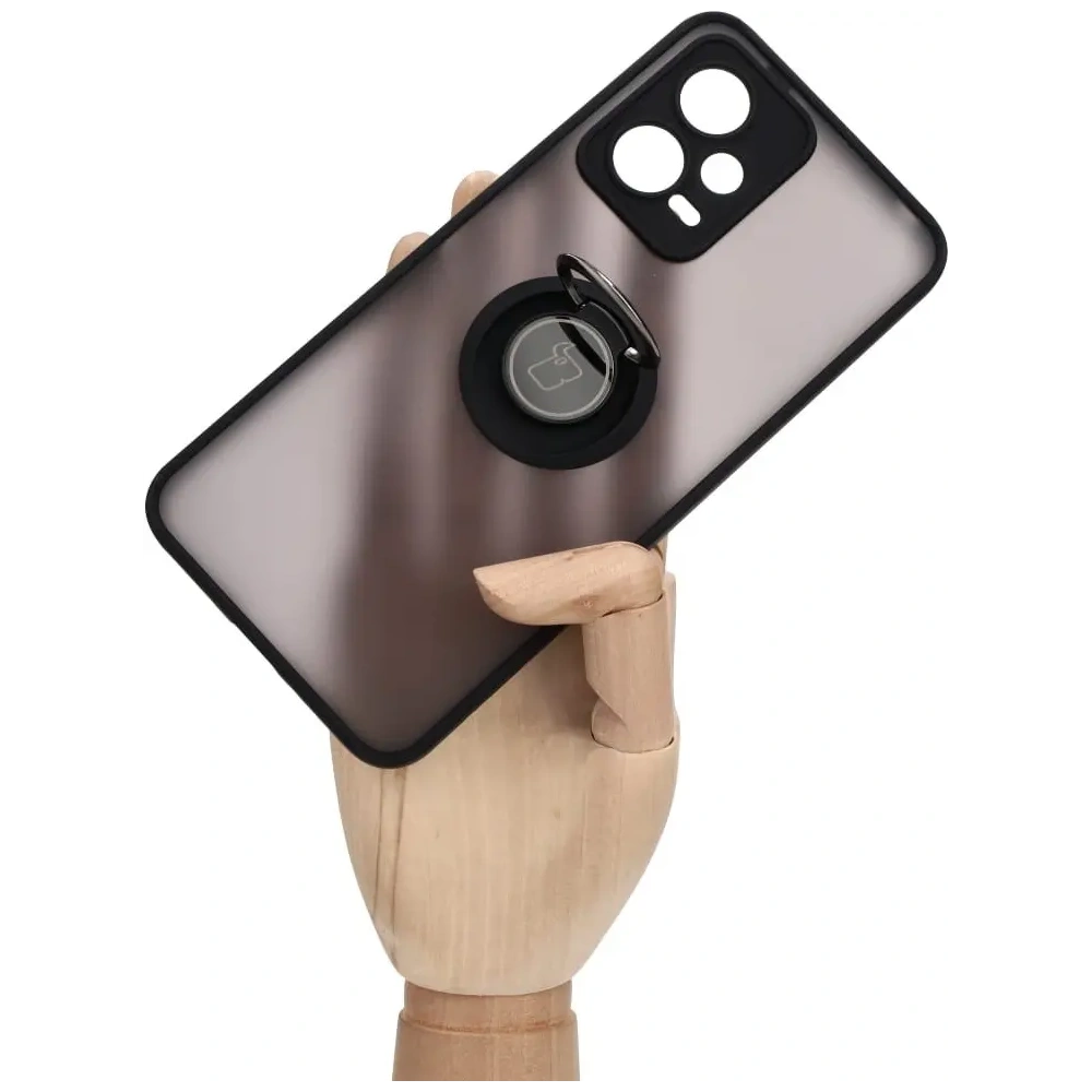 Etui z uchwytem na palec Bizon Case Hybrid Ring do Xiaomi Poco X5 / Redmi Note 12 5G przydymione z czarną ramką