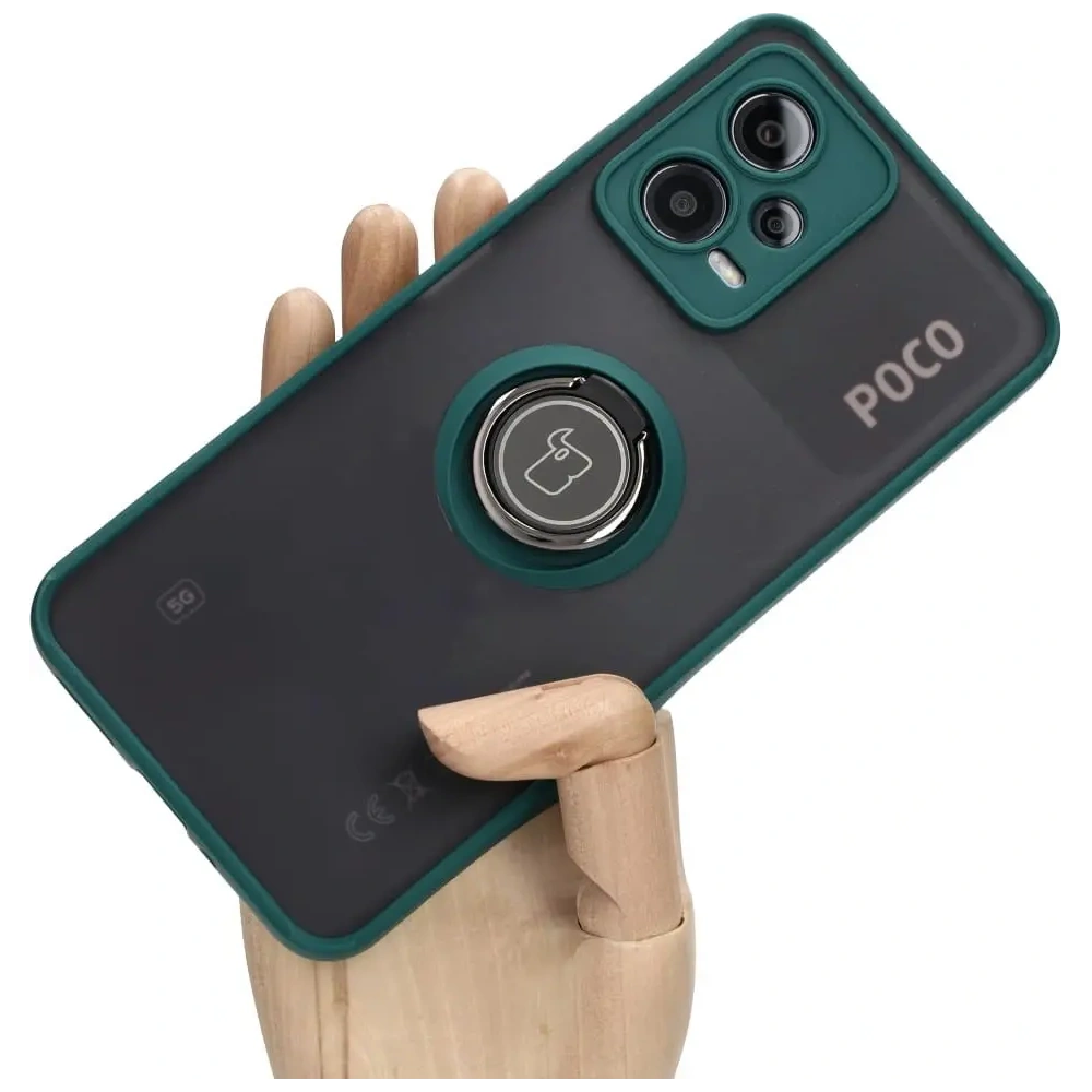Etui z uchwytem na palec Bizon Case Hybrid Ring do Xiaomi Poco X5 / Redmi Note 12 5G przydymione z ciemnozieloną ramką