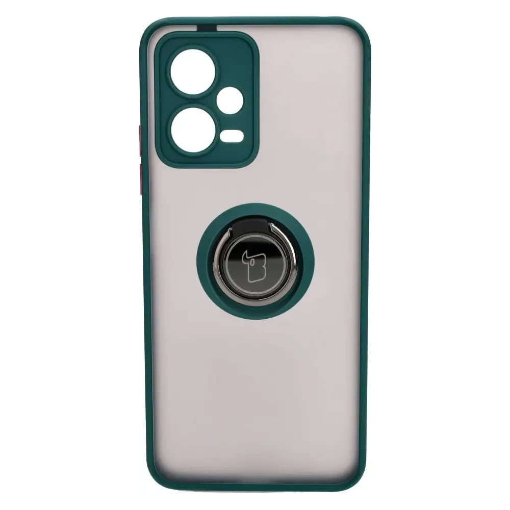 Etui z uchwytem na palec Bizon Case Hybrid Ring do Xiaomi Poco X5 / Redmi Note 12 5G przydymione z ciemnozieloną ramką
