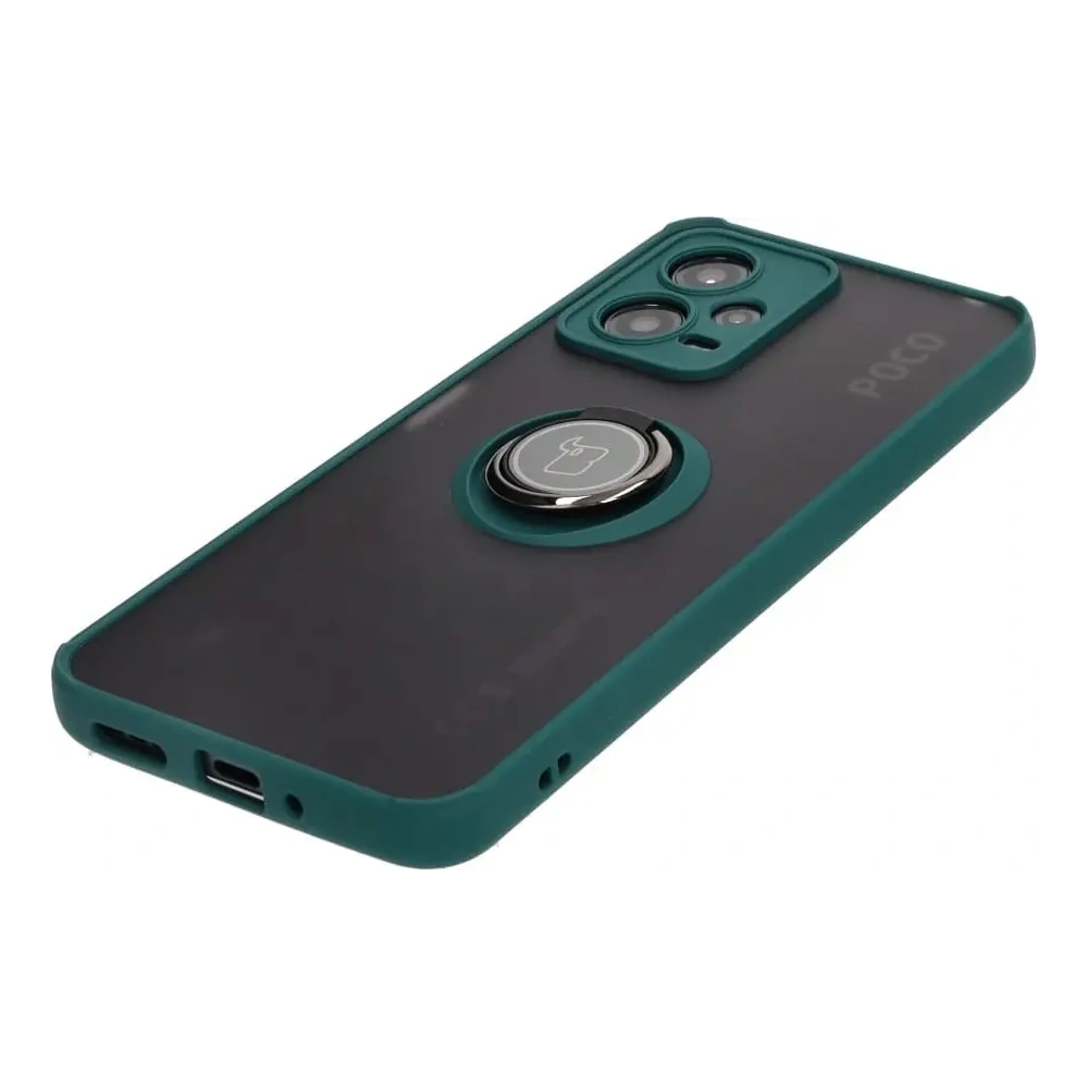 Etui z uchwytem na palec Bizon Case Hybrid Ring do Xiaomi Poco X5 / Redmi Note 12 5G przydymione z ciemnozieloną ramką