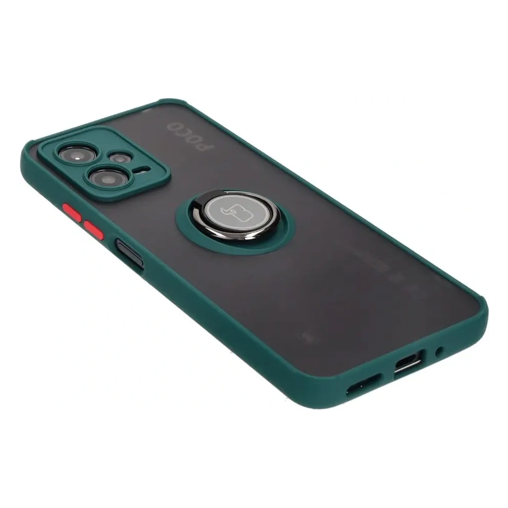 Etui z uchwytem na palec Bizon Case Hybrid Ring do Xiaomi Poco X5 / Redmi Note 12 5G przydymione z ciemnozieloną ramką