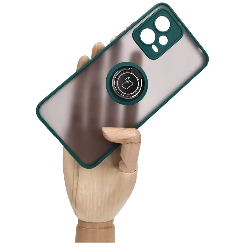 Etui z uchwytem na palec Bizon Case Hybrid Ring do Xiaomi Poco X5 / Redmi Note 12 5G przydymione z ciemnozieloną ramką