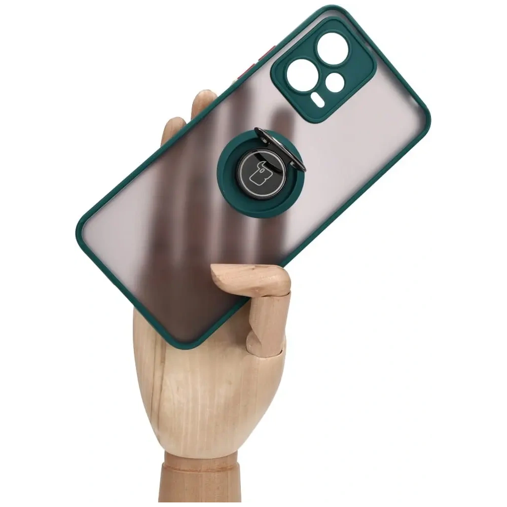 Etui z uchwytem na palec Bizon Case Hybrid Ring do Xiaomi Poco X5 / Redmi Note 12 5G przydymione z ciemnozieloną ramką