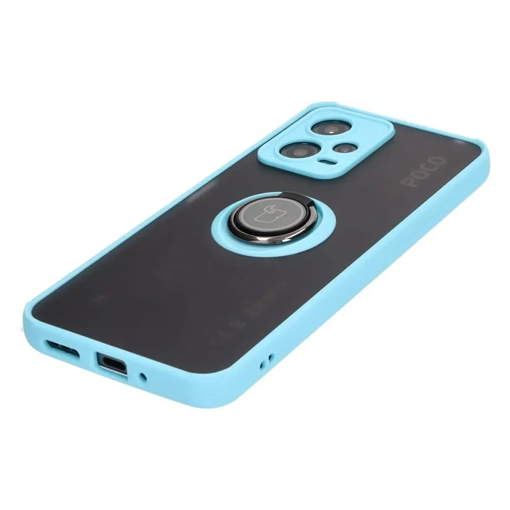 Etui z uchwytem na palec Bizon Case Hybrid Ring do Xiaomi Poco X5 / Redmi Note 12 5G przydymione z jasnoniebieską ramką