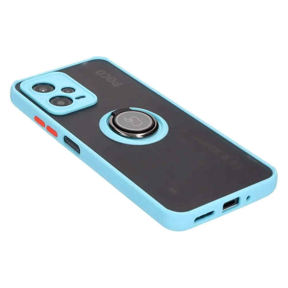 Etui z uchwytem na palec Bizon Case Hybrid Ring do Xiaomi Poco X5 / Redmi Note 12 5G przydymione z jasnoniebieską ramką