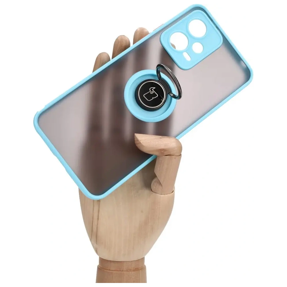 Etui z uchwytem na palec Bizon Case Hybrid Ring do Xiaomi Poco X5 / Redmi Note 12 5G przydymione z jasnoniebieską ramką