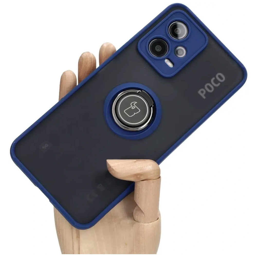 Etui z uchwytem na palec Bizon Case Hybrid Ring do Xiaomi Poco X5 / Redmi Note 12 5G przydymione z granatową ramką