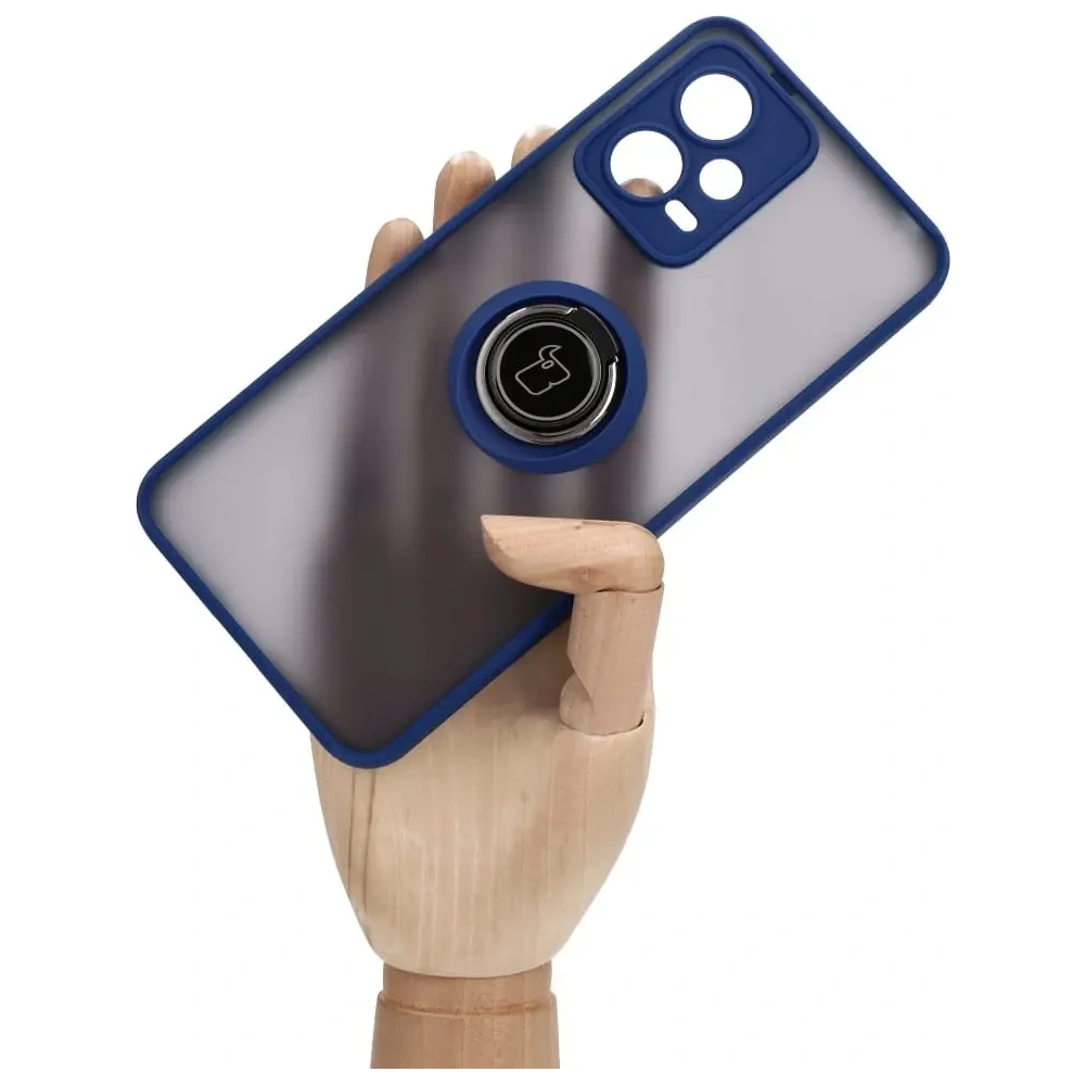 Etui z uchwytem na palec Bizon Case Hybrid Ring do Xiaomi Poco X5 / Redmi Note 12 5G przydymione z granatową ramką
