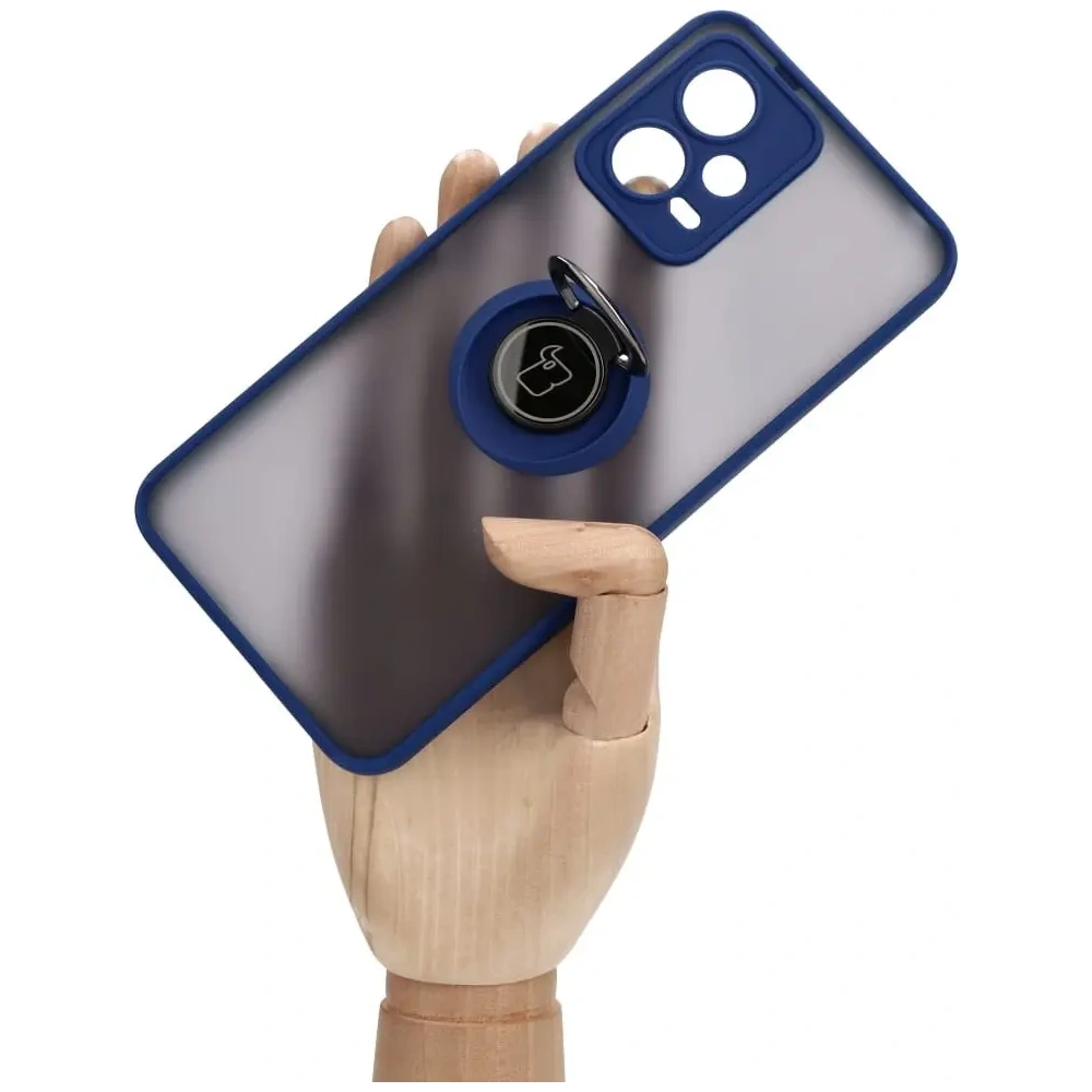 Etui z uchwytem na palec Bizon Case Hybrid Ring do Xiaomi Poco X5 / Redmi Note 12 5G przydymione z granatową ramką