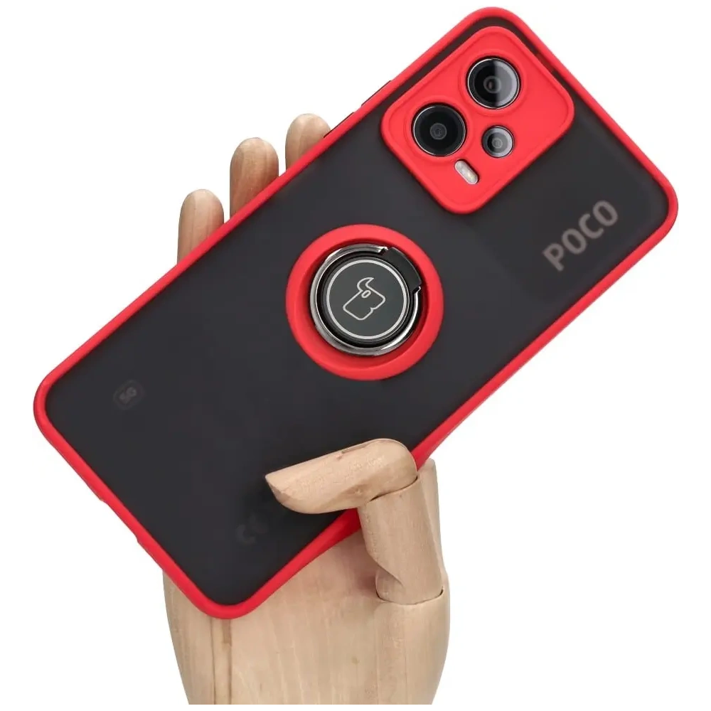Etui z uchwytem na palec Bizon Case Hybrid Ring do Xiaomi Poco X5 / Redmi Note 12 5G przydymione z czerwoną ramką