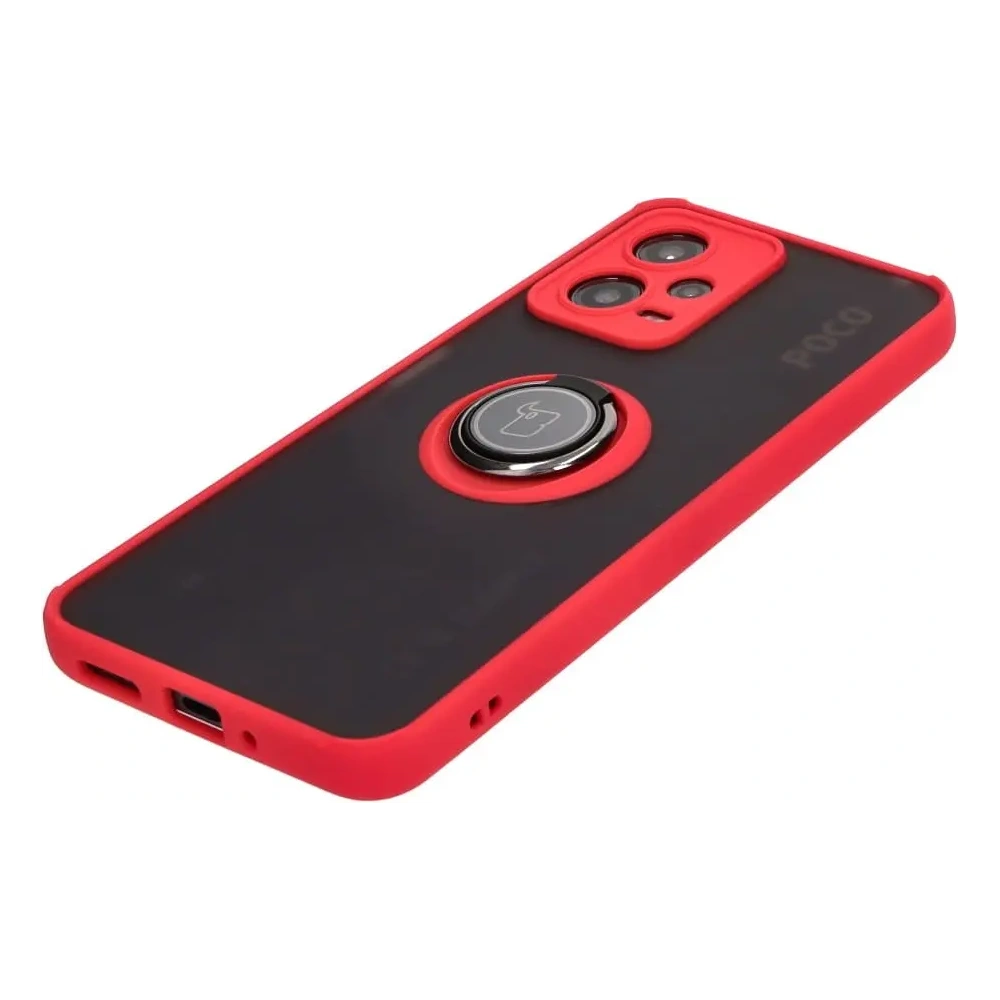 Etui z uchwytem na palec Bizon Case Hybrid Ring do Xiaomi Poco X5 / Redmi Note 12 5G przydymione z czerwoną ramką