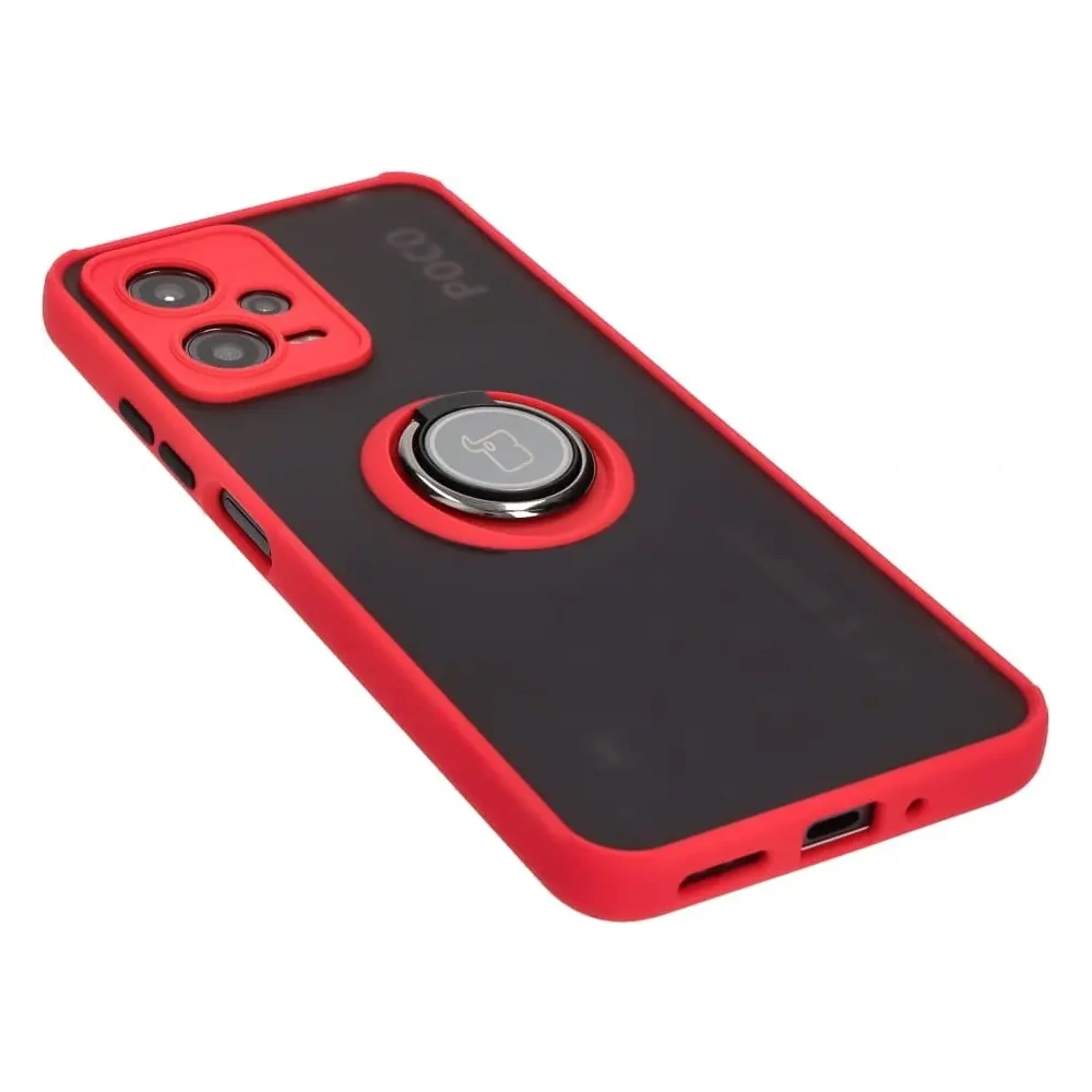 Etui z uchwytem na palec Bizon Case Hybrid Ring do Xiaomi Poco X5 / Redmi Note 12 5G przydymione z czerwoną ramką