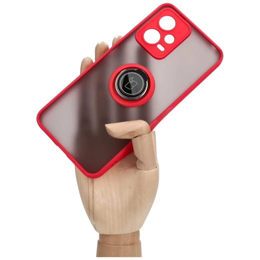 Etui z uchwytem na palec Bizon Case Hybrid Ring do Xiaomi Poco X5 / Redmi Note 12 5G przydymione z czerwoną ramką