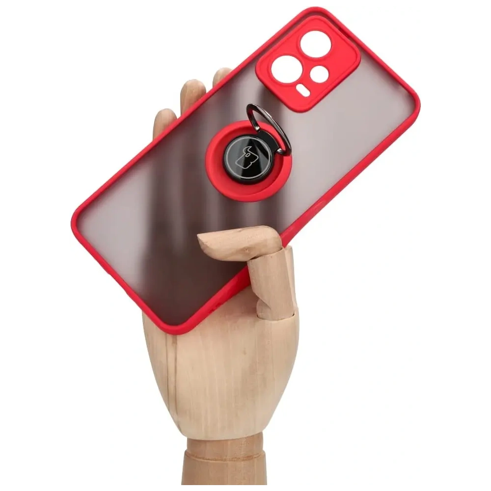 Etui z uchwytem na palec Bizon Case Hybrid Ring do Xiaomi Poco X5 / Redmi Note 12 5G przydymione z czerwoną ramką