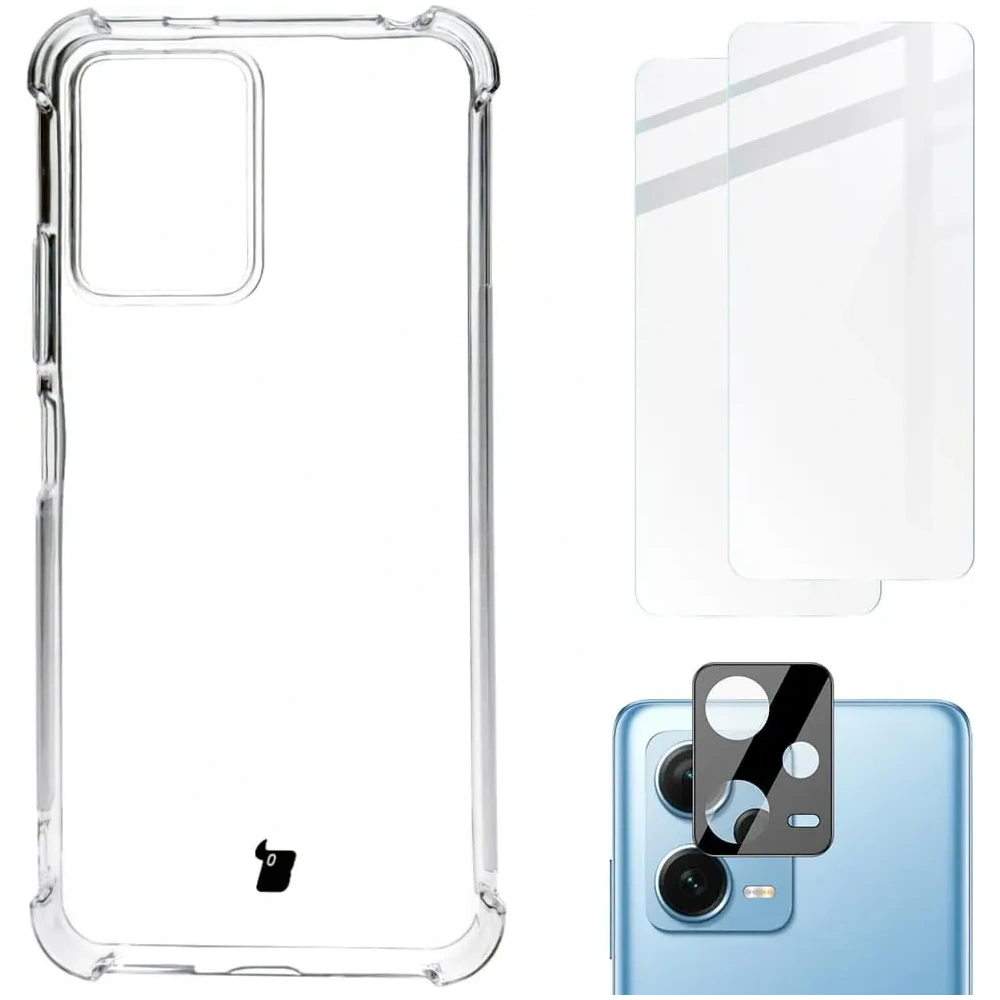 Etui + 2x szkło na ekran + obiektyw Bizon Case Clear Pack do Xiaomi POCO X5 / Redmi Note 12 5G przezroczyste