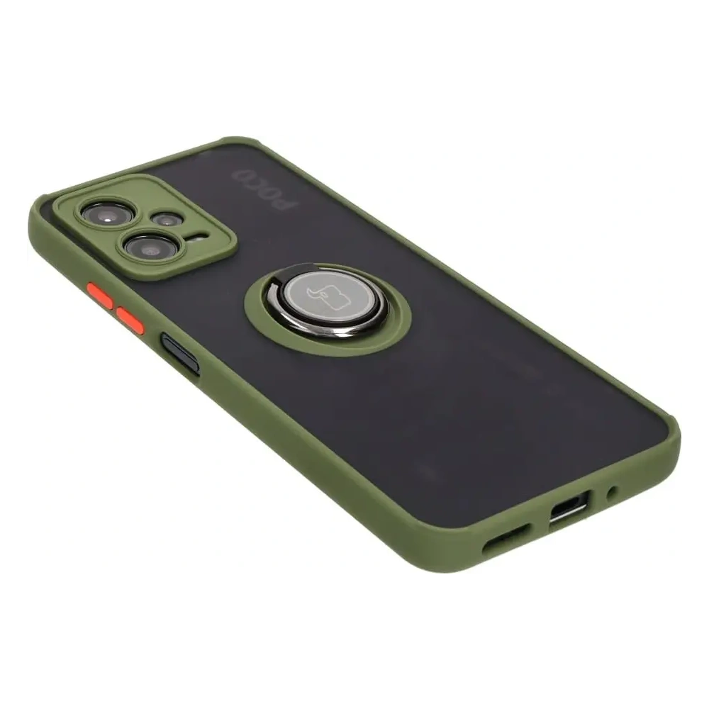Etui z uchwytem na palec Bizon Case Hybrid Ring do Xiaomi Poco X5 / Redmi Note 12 5G przydymione z zieloną ramką