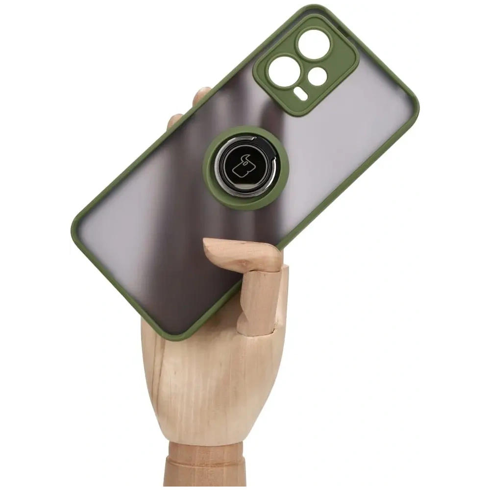 Etui z uchwytem na palec Bizon Case Hybrid Ring do Xiaomi Poco X5 / Redmi Note 12 5G przydymione z zieloną ramką