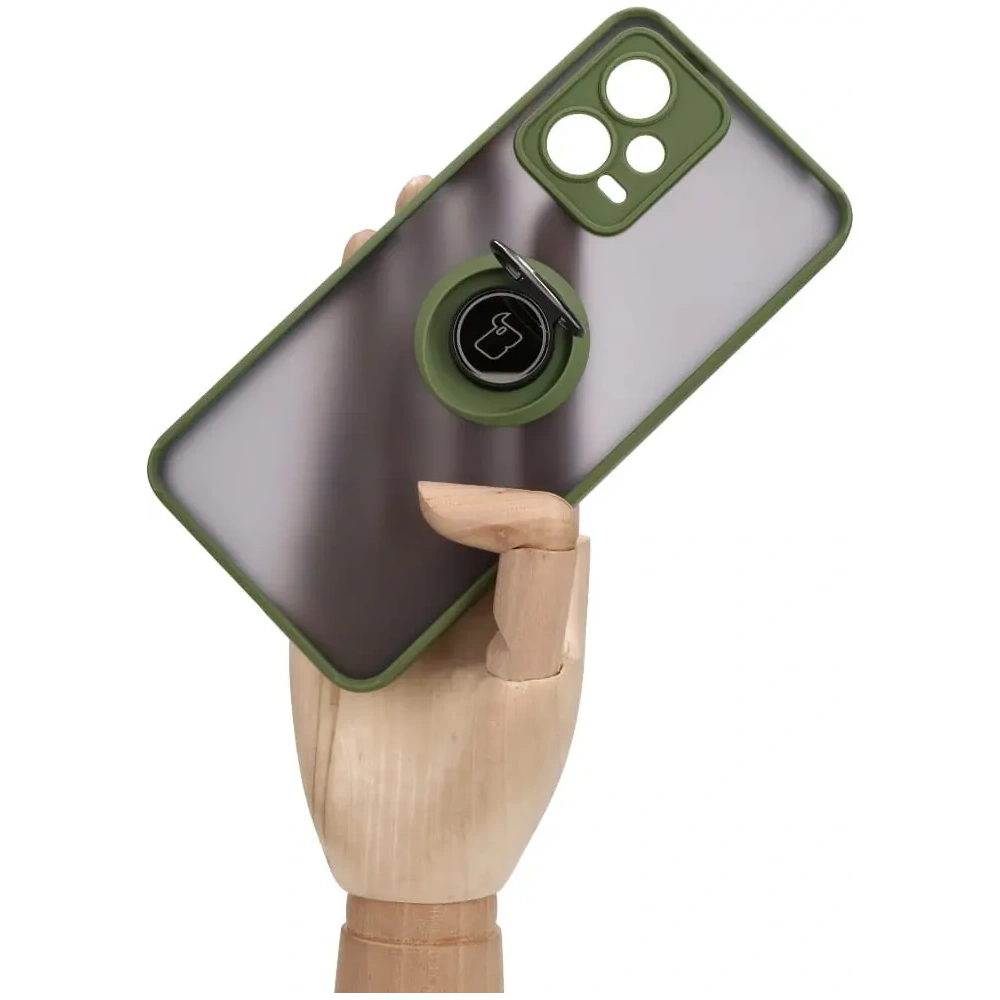 Etui z uchwytem na palec Bizon Case Hybrid Ring do Xiaomi Poco X5 / Redmi Note 12 5G przydymione z zieloną ramką