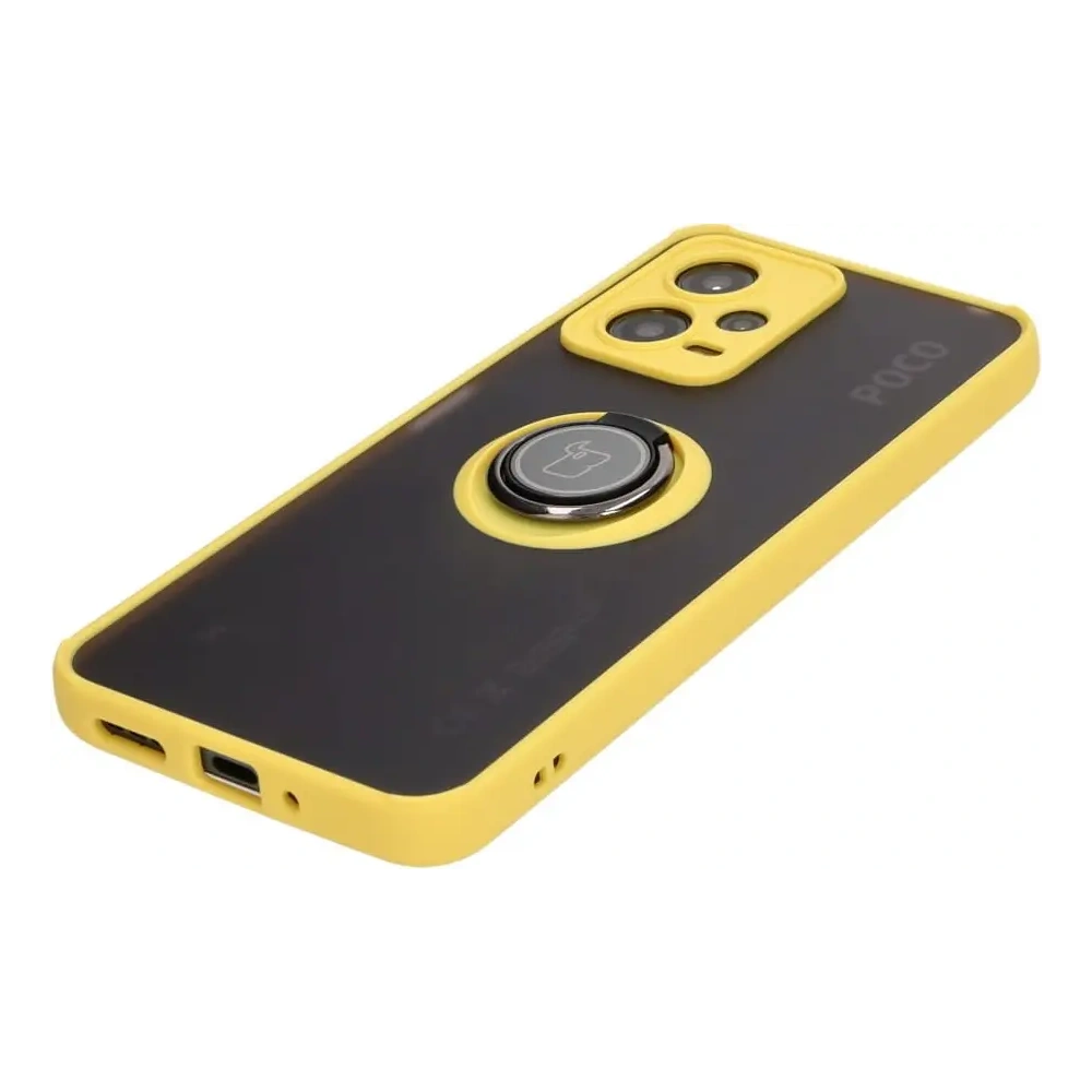 Etui z uchwytem na palec Bizon Case Hybrid Ring do Xiaomi Poco X5 / Redmi Note 12 5G przydymione z żółtą ramką