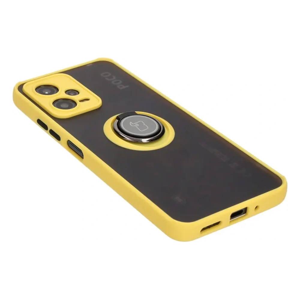 Etui z uchwytem na palec Bizon Case Hybrid Ring do Xiaomi Poco X5 / Redmi Note 12 5G przydymione z żółtą ramką