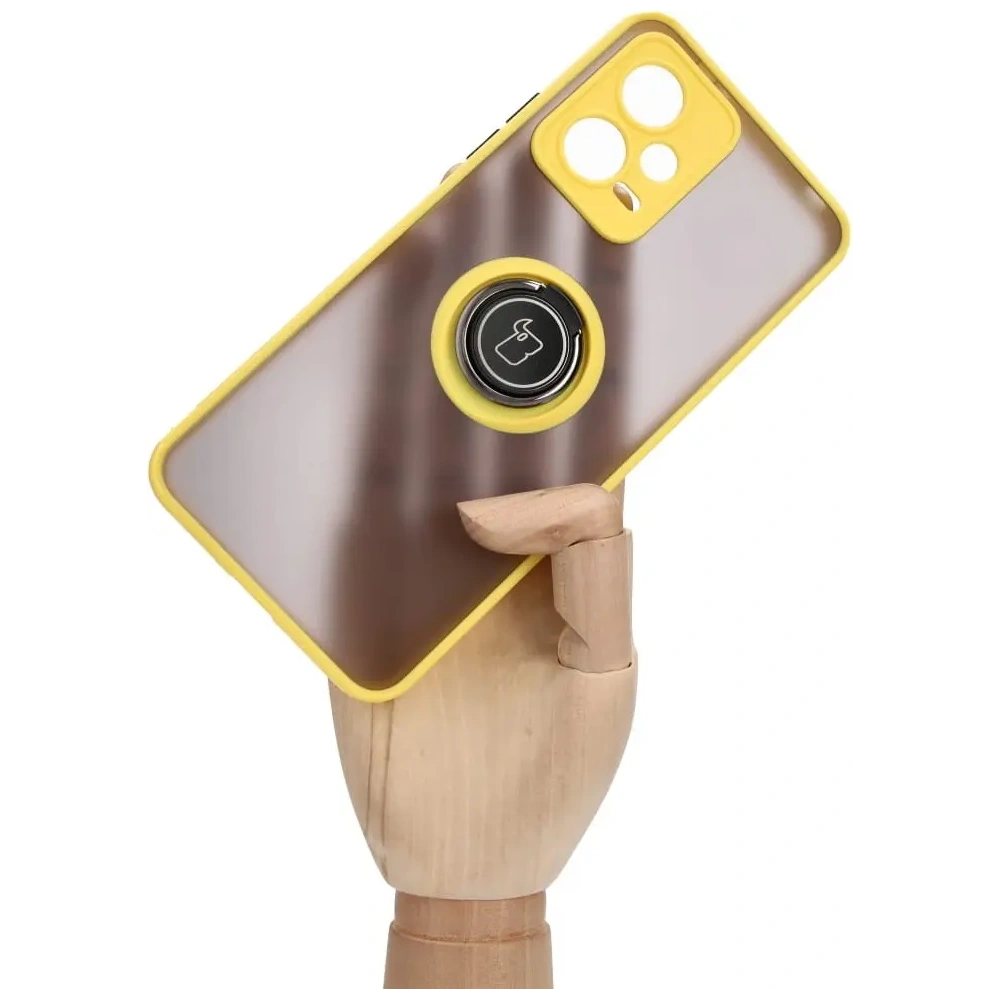 Etui z uchwytem na palec Bizon Case Hybrid Ring do Xiaomi Poco X5 / Redmi Note 12 5G przydymione z żółtą ramką