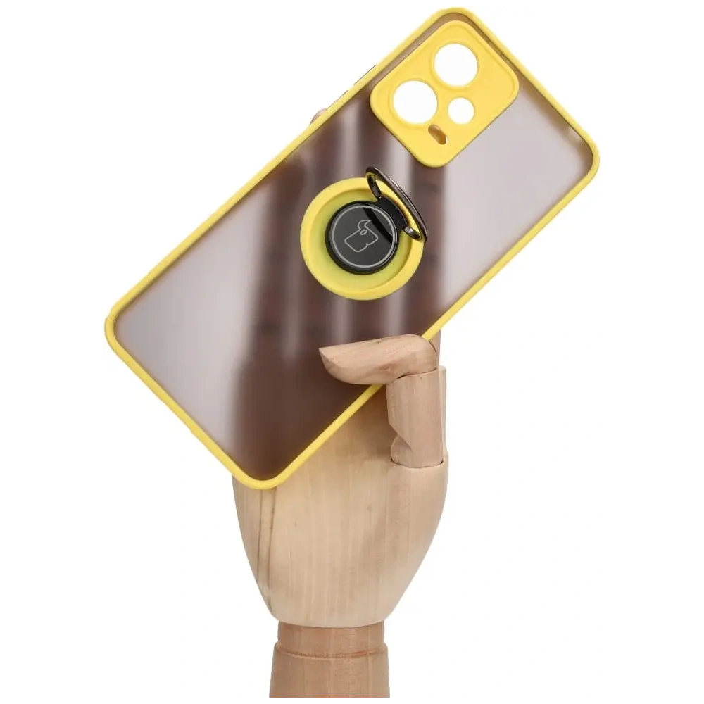Etui z uchwytem na palec Bizon Case Hybrid Ring do Xiaomi Poco X5 / Redmi Note 12 5G przydymione z żółtą ramką