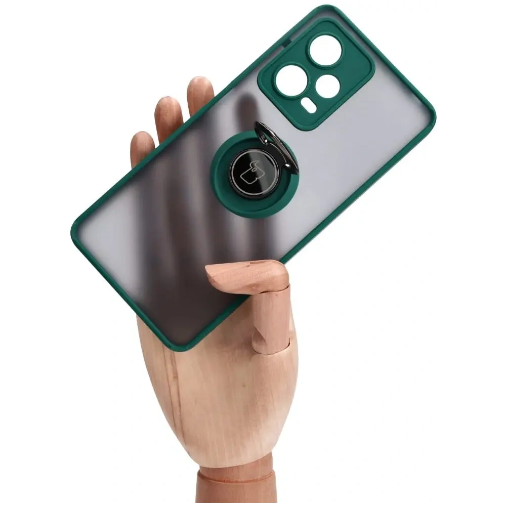 Etui z uchwytem na palec Bizon Case Hybrid Ring do Xiaomi Redmi Note 12 Pro 5G przydymione z ciemnozieloną ramką