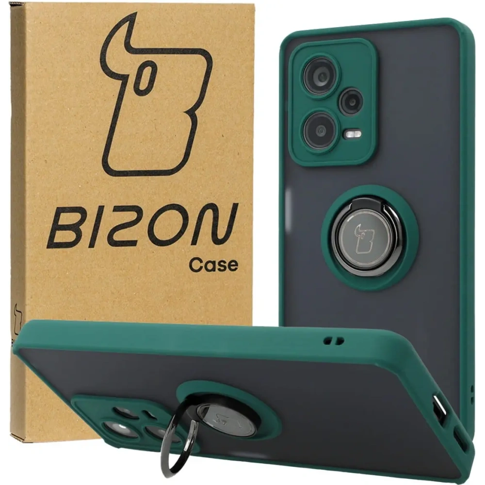 Etui z uchwytem na palec Bizon Case Hybrid Ring do Xiaomi Redmi Note 12 Pro+ 5G przydymione z ciemnozieloną ramką