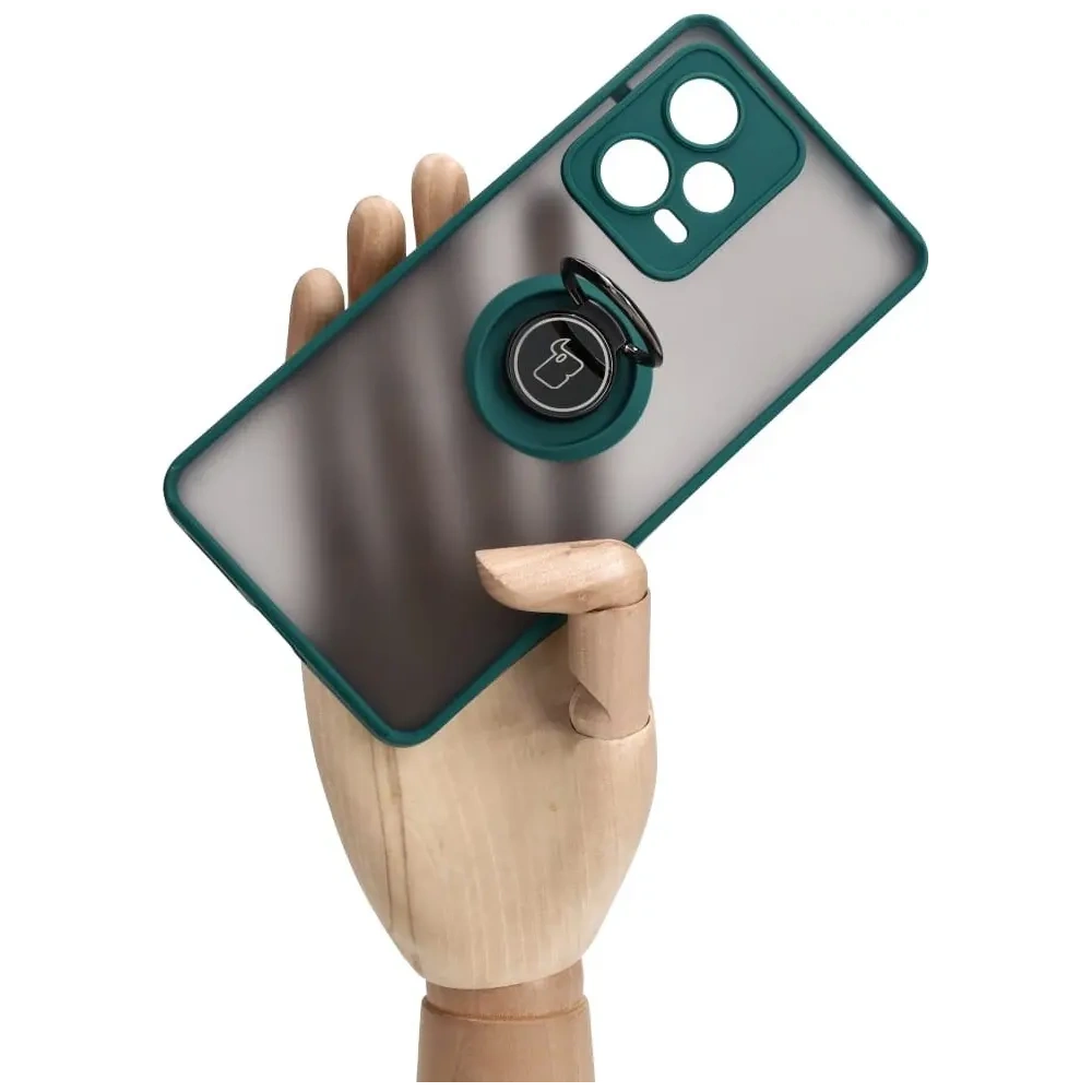 Etui z uchwytem na palec Bizon Case Hybrid Ring do Xiaomi Redmi Note 12 Pro+ 5G przydymione z ciemnozieloną ramką