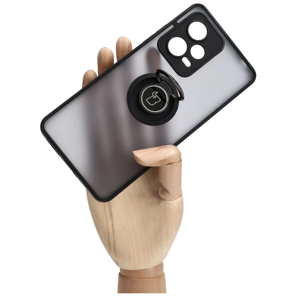 Etui z uchwytem na palec Bizon Case Hybrid Ring do Xiaomi Redmi Note 12 Pro+ 5G przydymione z czarną ramką