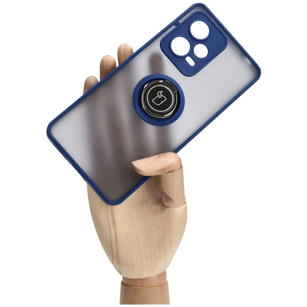 Etui z uchwytem na palec Bizon Case Hybrid Ring do Xiaomi Redmi Note 12 Pro+ 5G przydymione z granatową ramką