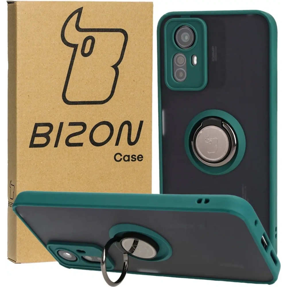 Etui z uchwytem na palec Bizon Case Hybrid Ring do Xiaomi Redmi Note 12S przydymione z ciemnozieloną ramką