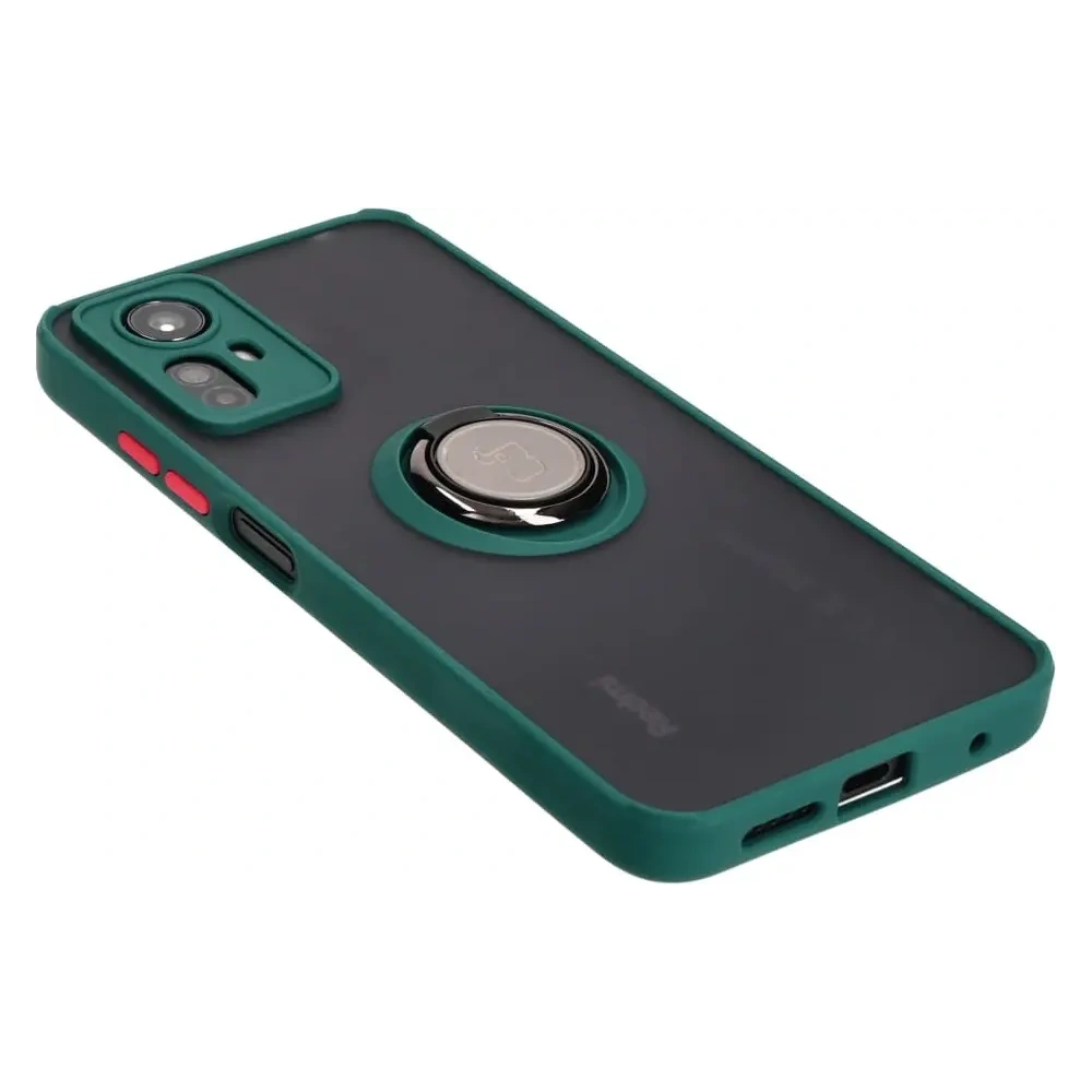 Etui z uchwytem na palec Bizon Case Hybrid Ring do Xiaomi Redmi Note 12S przydymione z ciemnozieloną ramką