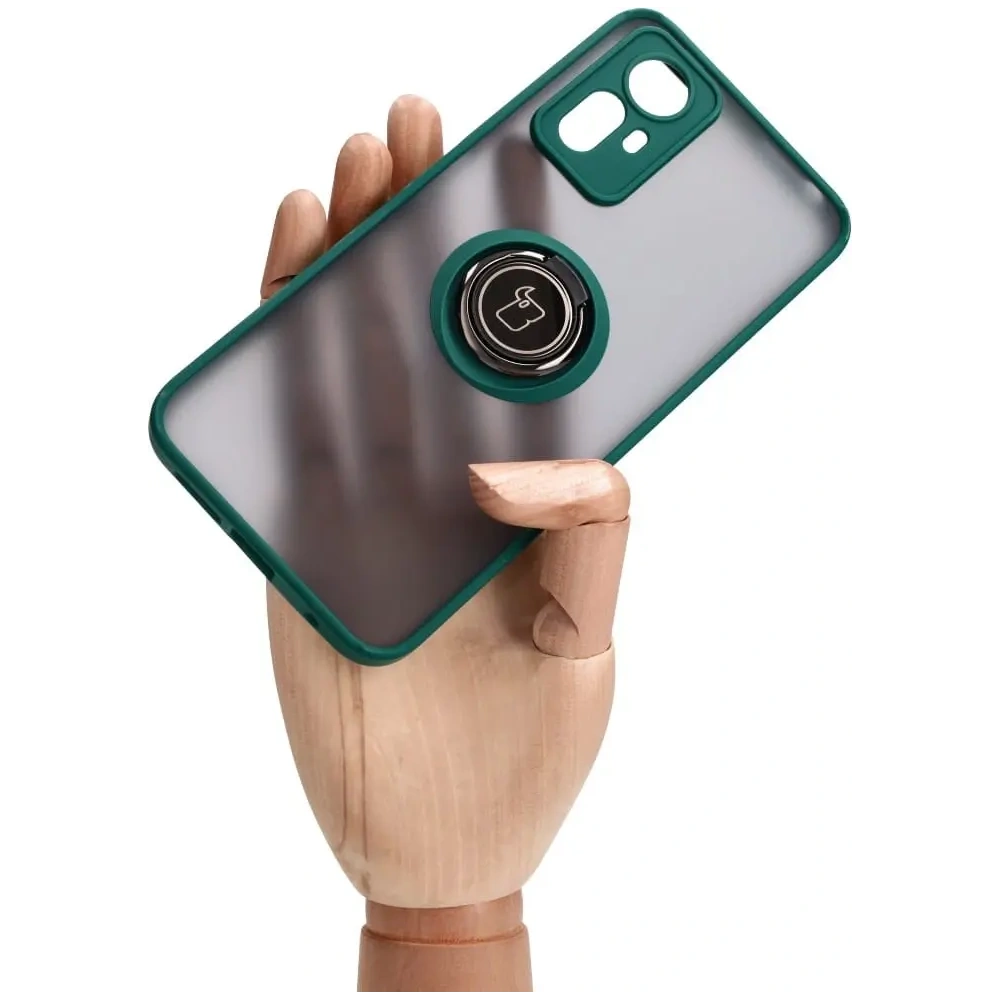 Etui z uchwytem na palec Bizon Case Hybrid Ring do Xiaomi Redmi Note 12S przydymione z ciemnozieloną ramką