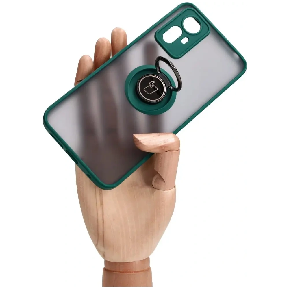 Etui z uchwytem na palec Bizon Case Hybrid Ring do Xiaomi Redmi Note 12S przydymione z ciemnozieloną ramką
