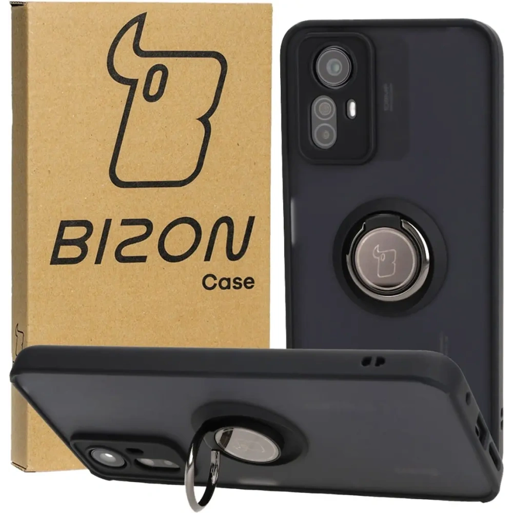 Etui z uchwytem na palec Bizon Case Hybrid Ring do Xiaomi Redmi Note 12S przydymione z czarną ramką