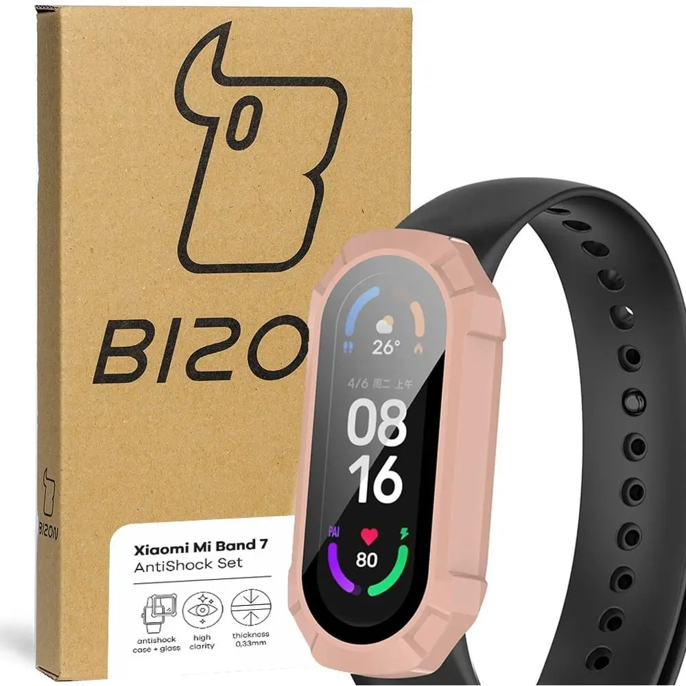 Etui ze szkłem Bizon Case AntiShock Set Xiaomi Mi Band 7 jasnoróżowe