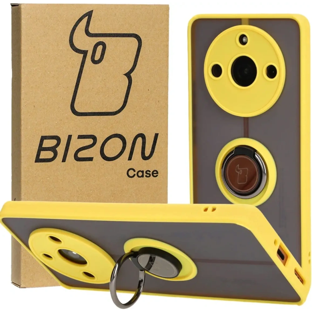Etui z uchwytem na palec Bizon Case Hybrid Ring do Realme 11 Pro / 11 Pro+ przydymione z żółtą ramką