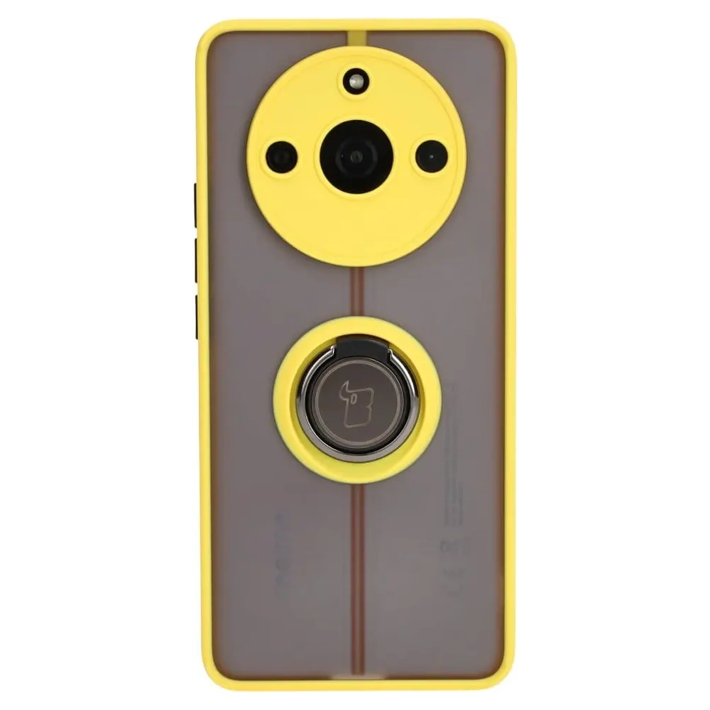 Etui z uchwytem na palec Bizon Case Hybrid Ring do Realme 11 Pro / 11 Pro+ przydymione z żółtą ramką