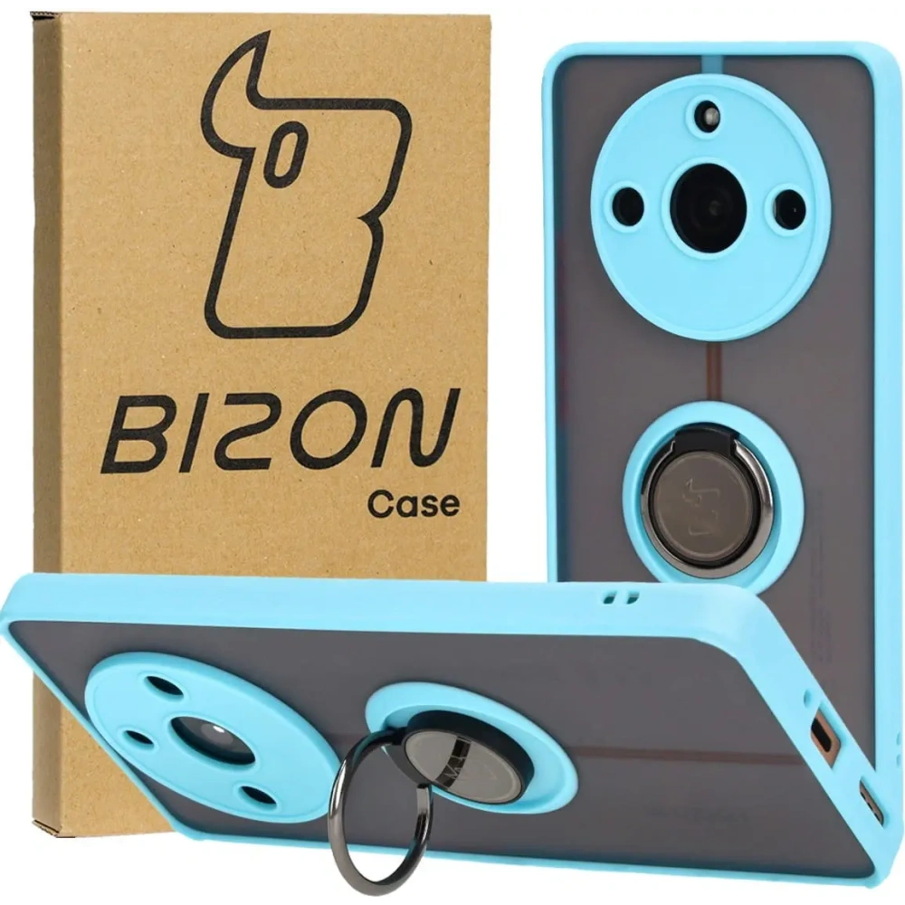 Etui z uchwytem na palec Bizon Case Hybrid Ring do Realme 11 Pro / 11 Pro+ przydymione z jasnoniebieską ramką