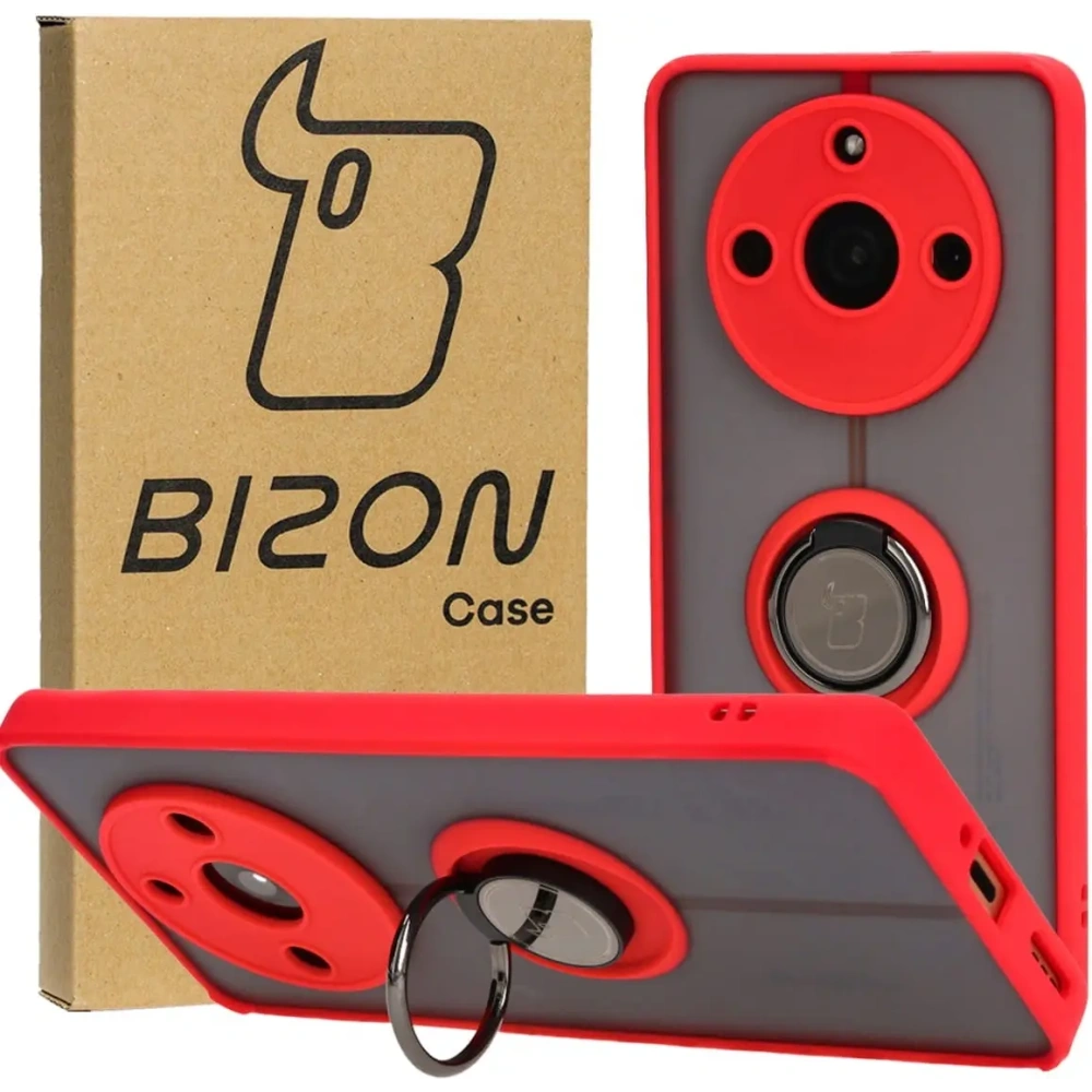 Etui z uchwytem na palec Bizon Case Hybrid Ring do Realme 11 Pro / 11 Pro+ przydymione z czerwoną ramką
